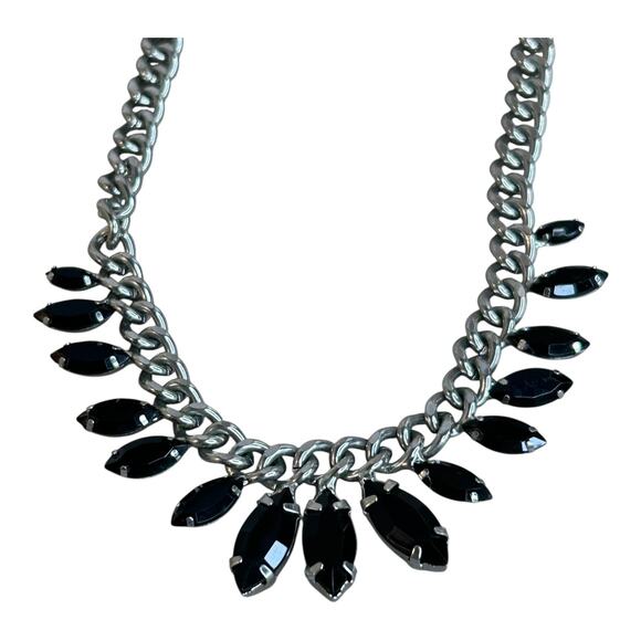 Silver Tone Chunky Curb Chain Black Faceted Navettes Necklace - Picture 4 of 4